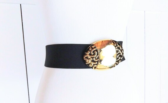 Vintage wide black stretch canvas gold buckle bel… - image 2