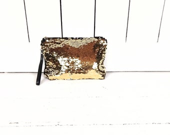 Mermaid gold black sequin velvet clutch bag