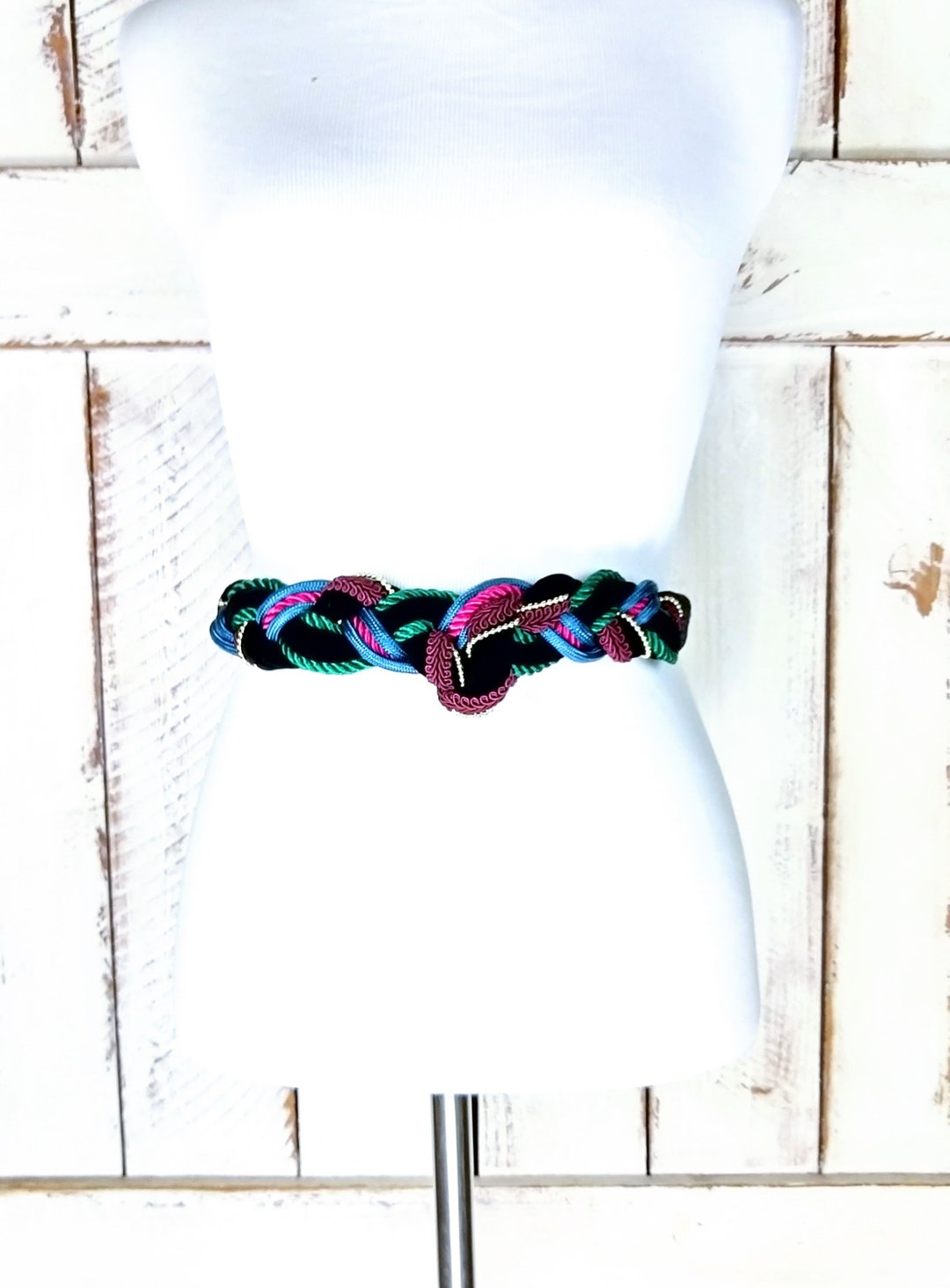 80s Vintage Black Velvet Rope Chord Braided Stretch Belt  display picture 1