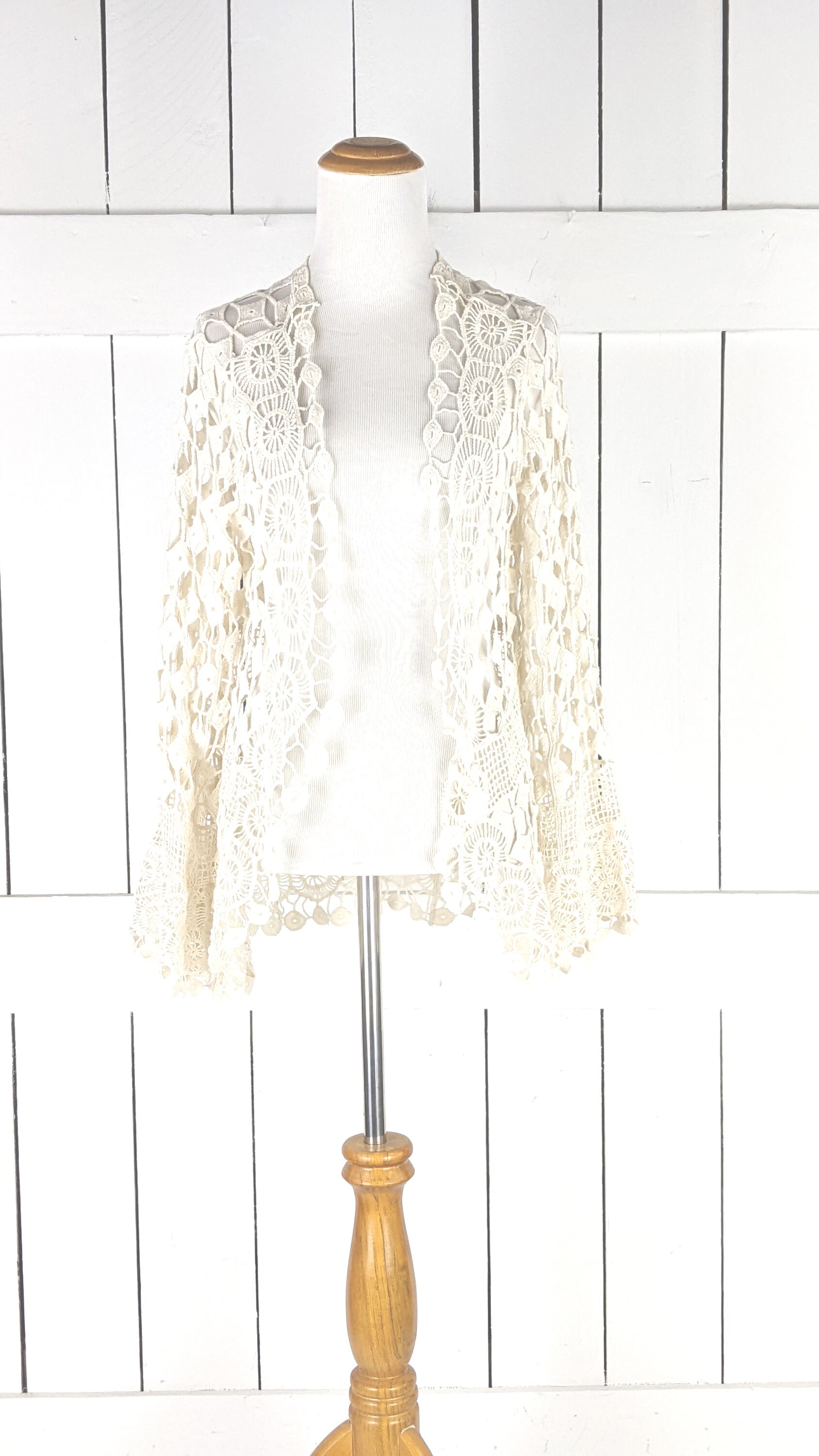 Cato Beige Crochet Knit Floral Bell Sleeve Cardigan Sweater Top