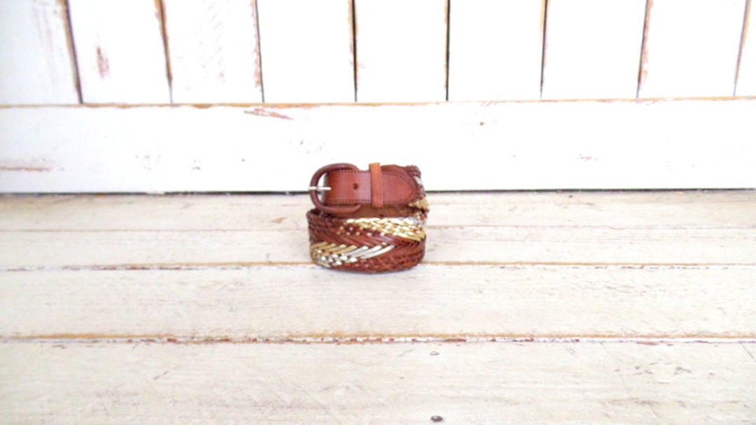 Woven Brown/metallic Gold Leather Vintage Boho/hippie Belt  display picture 3