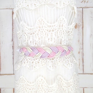 70s vintage white/pink/lavender braided pearl beaded rope belt/beaded woven chord statement belt image 1