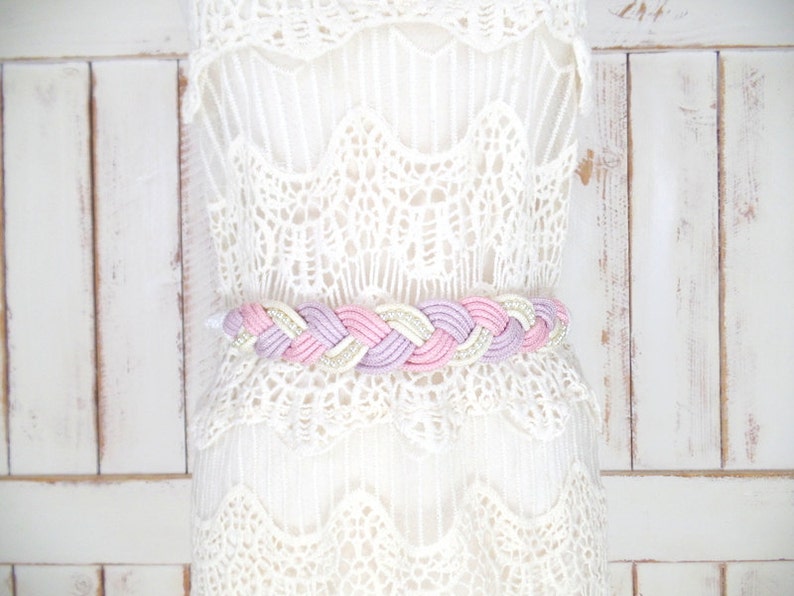 70s vintage white/pink/lavender braided pearl beaded rope belt/beaded woven chord statement belt image 1