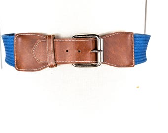 Vintage 90s wide woven blue cloth chord faux leather trim belt Vintage 90s Wide Woven Blue Cloth Chord Faux Leather Trim  main image 4
