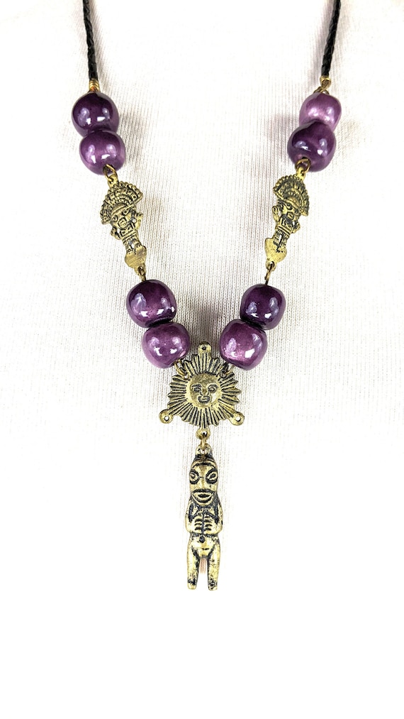 Tribal purple glass beaded gold metal Aztec Mayan 