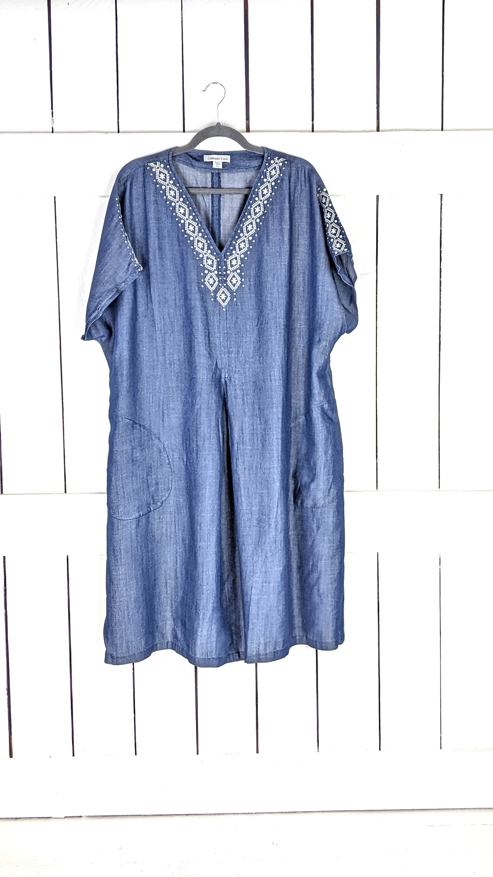 coldwater creek denim dress Cold Water Blue Embroidered Tunic Short Sleeve Pocket Trendy Strapless Crop Top Leo collection Sleeveless dresses Timeless and easy Size:Custom Size(Leave your size at