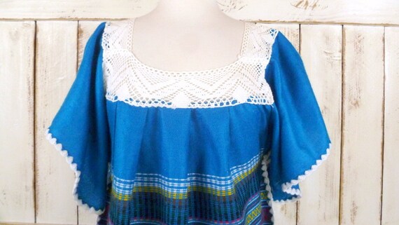 Vintage blue woven crochet lace Guatemalan embroi… - image 2