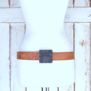 Vintage Cyd Woo wide brown distressed leather silver plate buckle belt/Artisan made belt/rivet plate buckle belt/34&quot; - 35&quot;