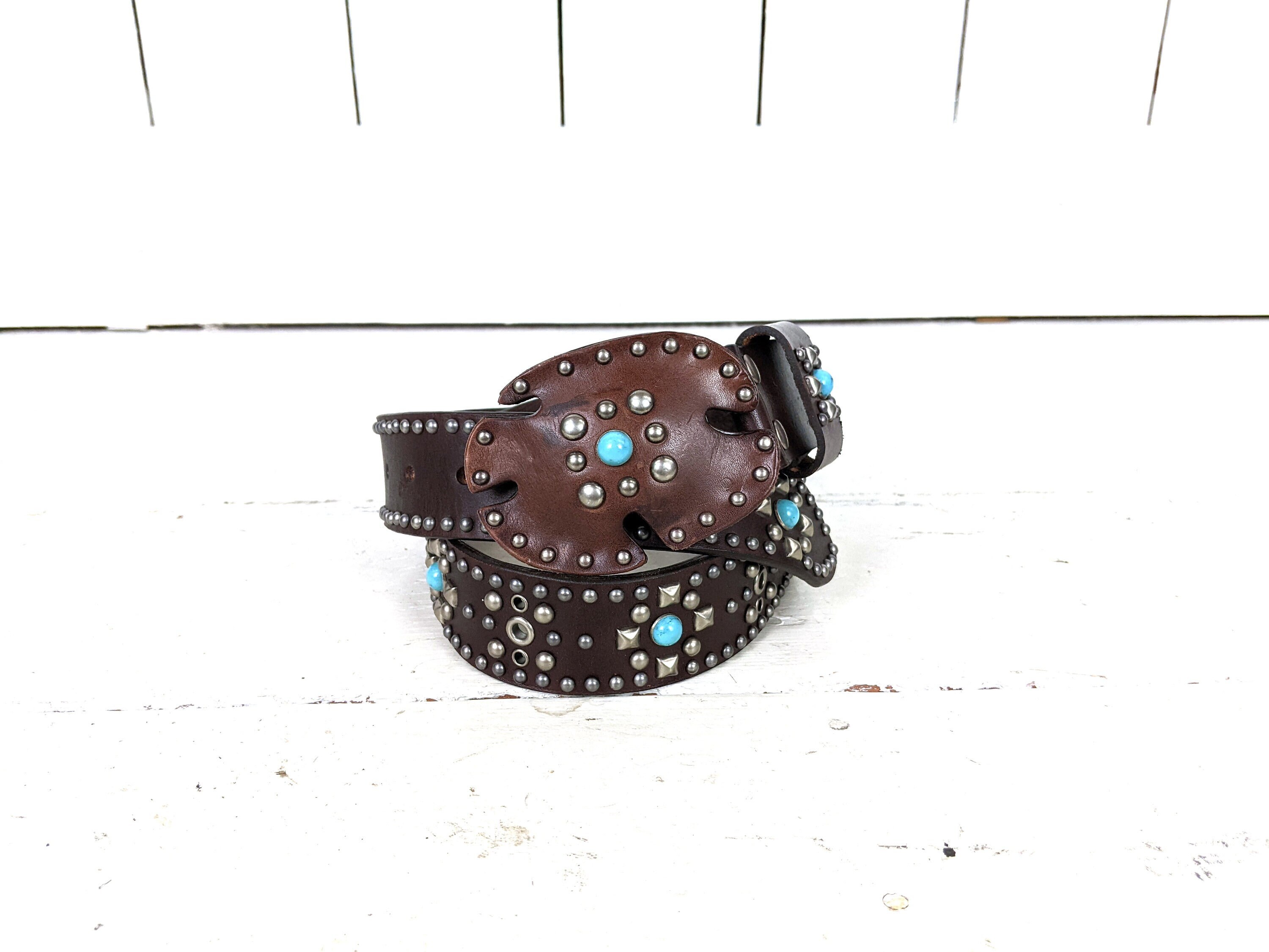 Brown Silver Studded Faux Leather Western Buckle Belt - Etsy display picture 3