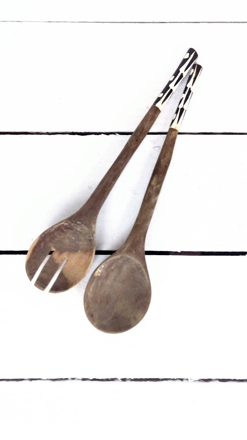 Vintage Wooden Serving Spoons/bone Handle Wood Cooking Etsy