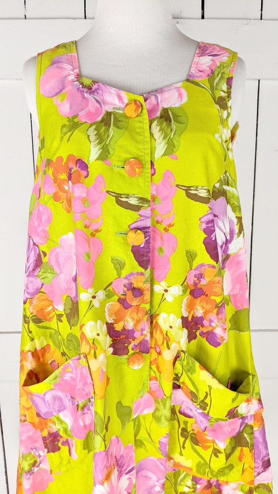 Vintage neon green pink floral sleeveless button … - image 3