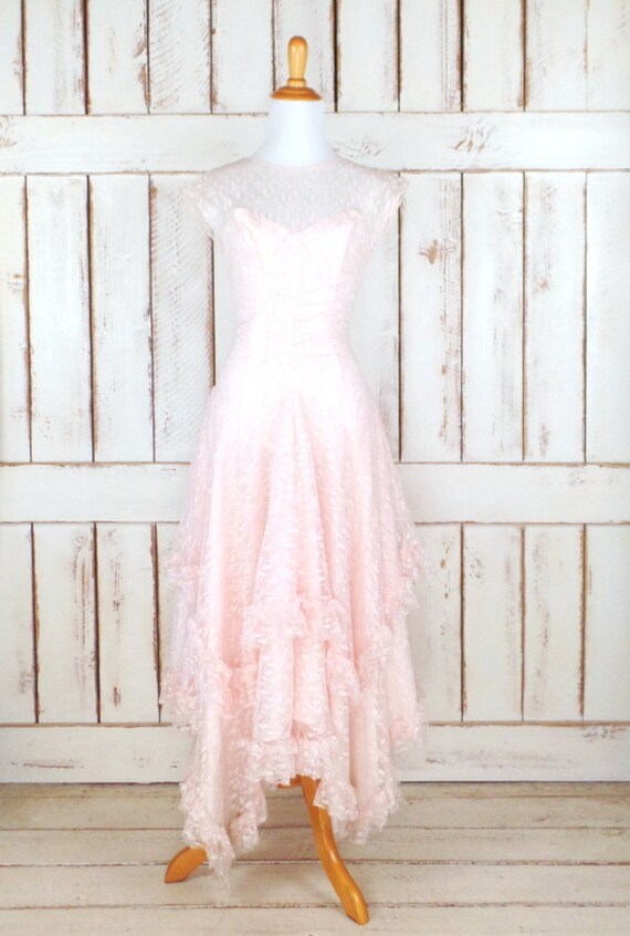 80s vintage light pink tiered ruffle lace maxi eve
