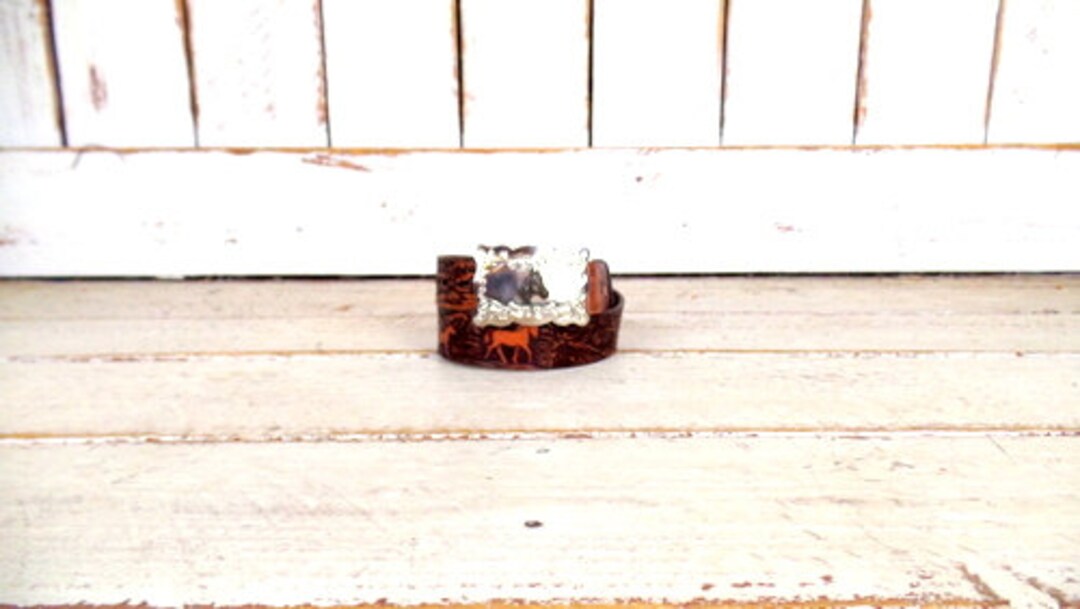 Vintage Wrangler Brown Tooled Horse Leather Belt/silver  display picture 3