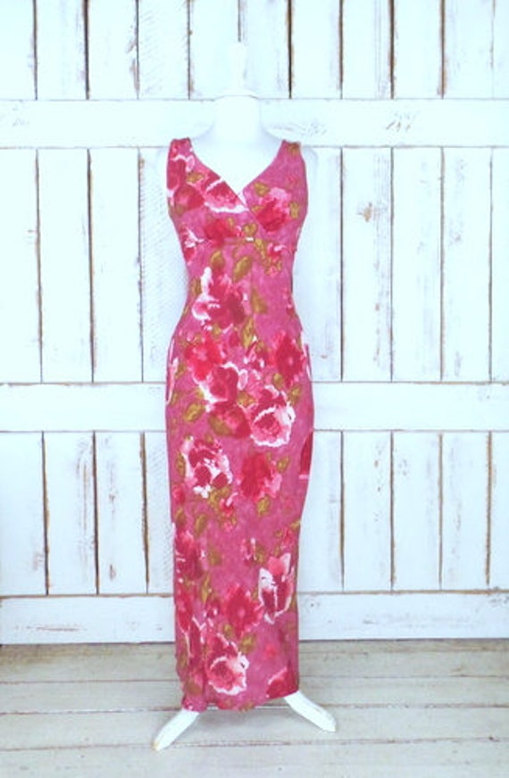 90s vintage pink/mauve floral fitted maxi dress/19