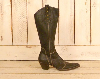 Vintage brown nubuck leather knee high western cowboy boots/fitted leather cowgirl boots/8.5/39
