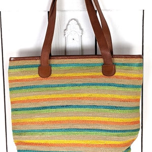 Striped straw vintage market bag leather strap purse tote bag image 3