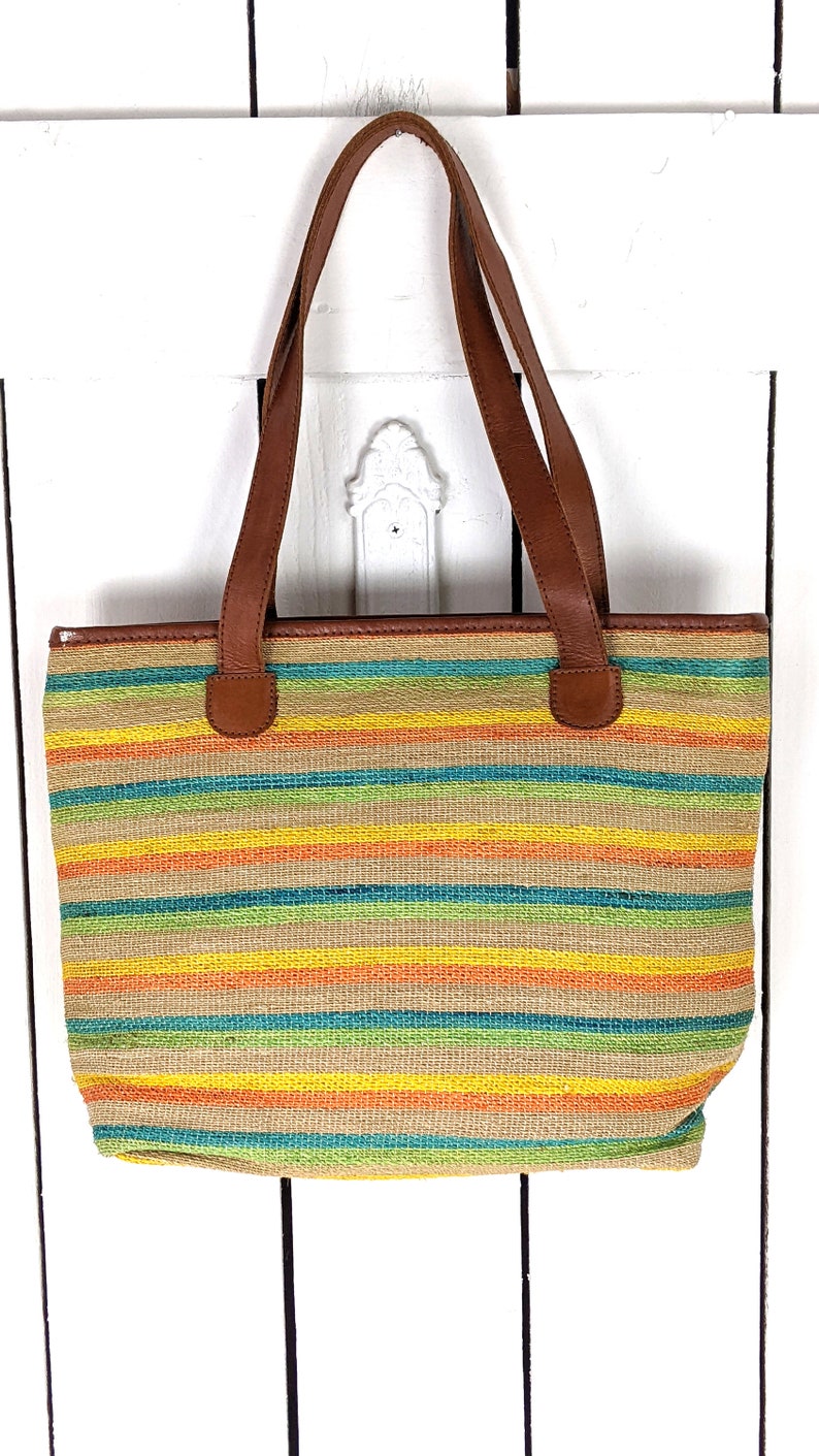 Striped straw vintage market bag leather strap purse tote bag image 3