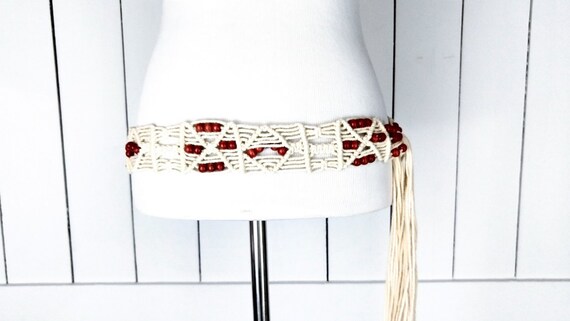 Wood bead braided macrame rope fringe tie belt/bo… - image 3