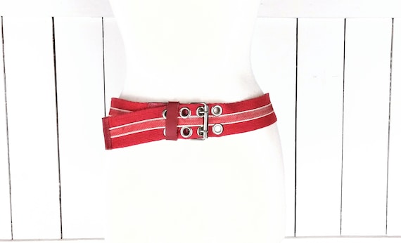 Vintage 90s Wide Striped Woven Cloth Chord Leather Trim Belt 