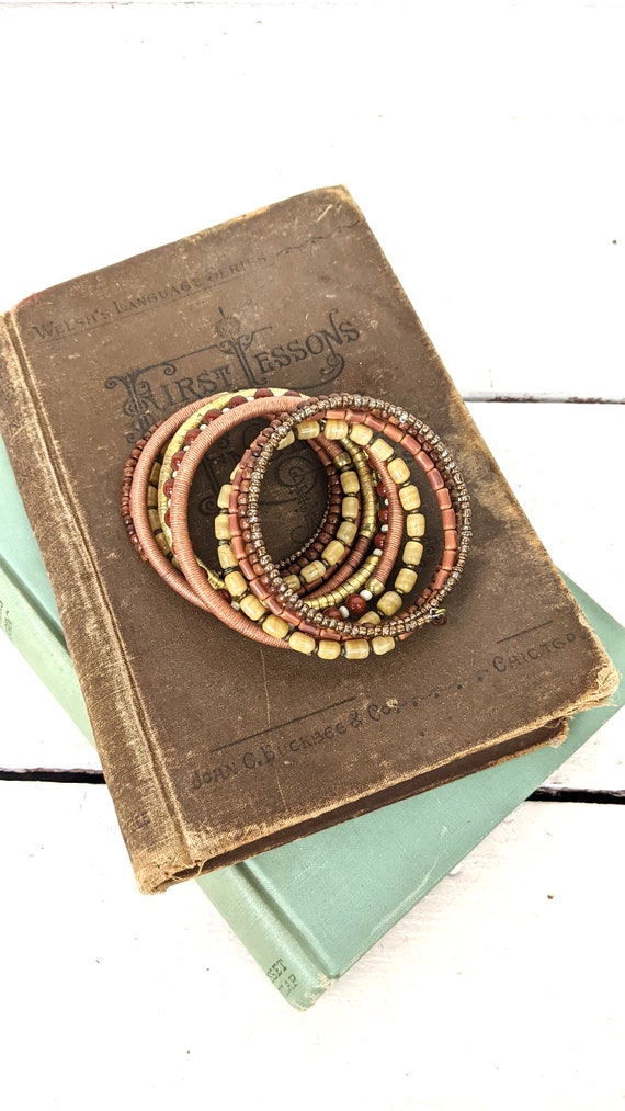 Vintage brown brass wood bead wire wrap bracelet