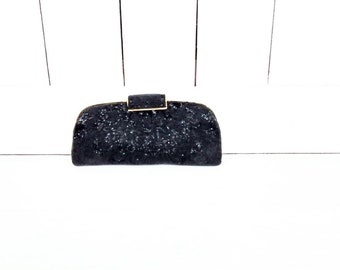 Vintage black beaded evening clutch purse/beaded evening bag/Golden Crown beaded bag
