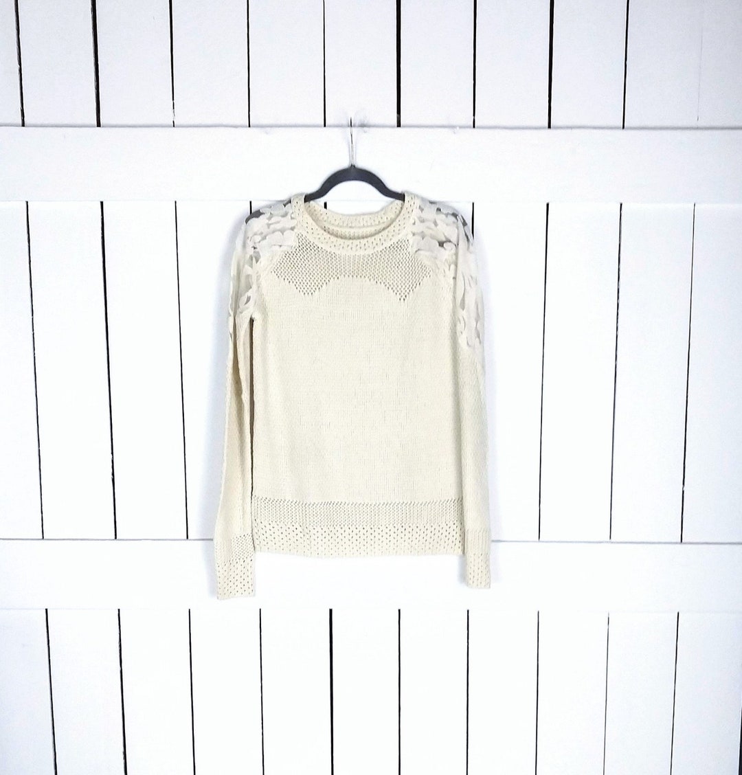 Ivory Knit Sheer Lace Slouchy Pullover Sweater/boho Lace Sweater
