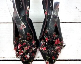 Vintage black leather open toe wedge floral rosette slingback heel sandals