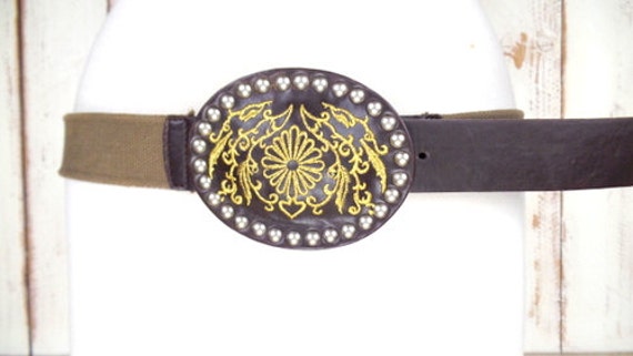90s Vintage Metal Studded Faux Leather Canvas Belt/gold  display picture 3