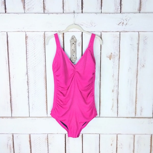 80s vintage Gabar bright pink ruched one piece swimsuit