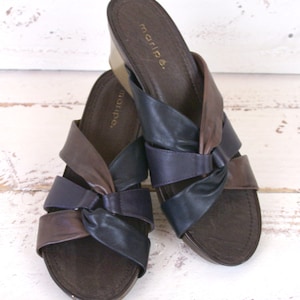 Black and brown strappy leather open toe vintage wedge mule sandals/woven braided leather wedge sandal/9