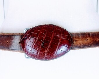 Vintage brown leather reptile embossed buckle belt/boho festival belt 47\