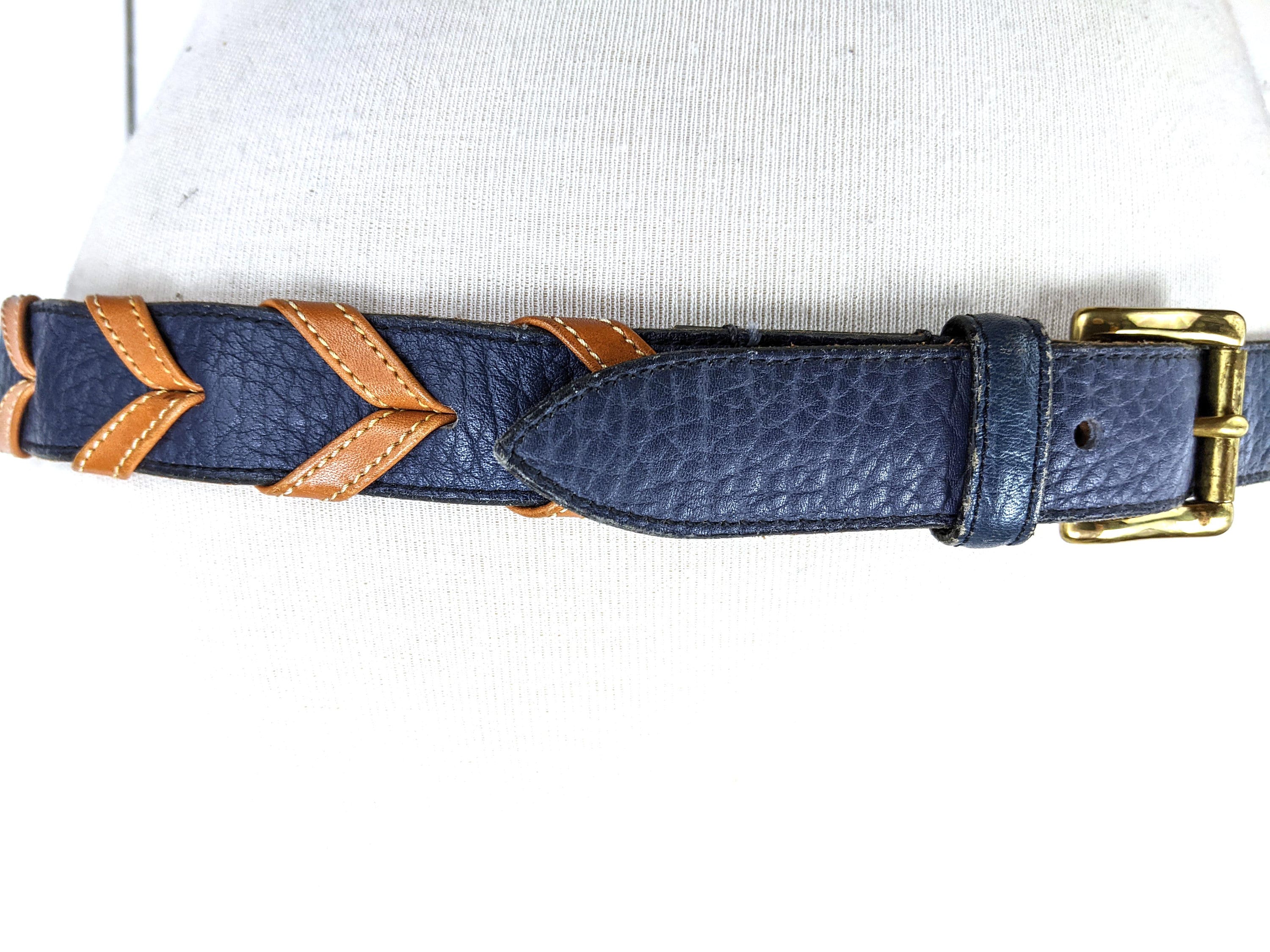 Vintage Dooney & Bourke blue tan chevron braided leather belt Vintage Dooney & Bourke Belt Size 36 Fits Like 34 Cream Navy  main image 4