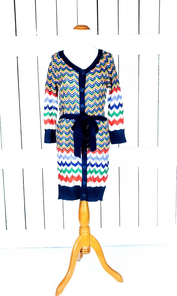 Vintage 90s chevron belted knit cardigan sweater/c