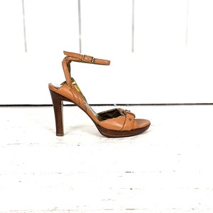 Marc Fisher tan brown leather high heel buckle open toe ankle strap sandals 6.5 M