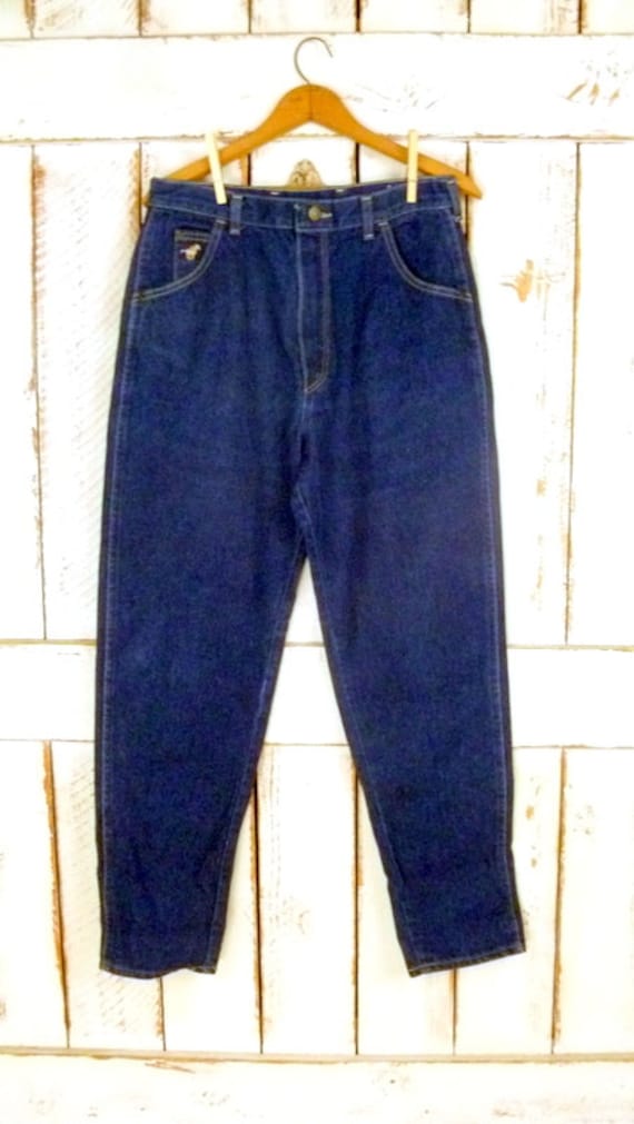 80s Wrangler high waisted tapered leg dark blue d… - image 4