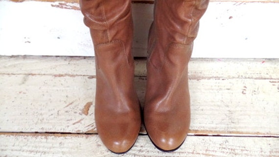 90s vintage high heel brown leather knee high buc… - image 2