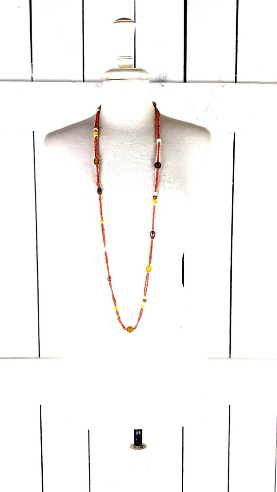 Orange glass  beaded long strand boho chain neckl… - image 1
