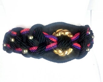 80s vintage black braided rope chord beaded stretch belt/ woven chord beaded 80s Vintage Black Velvet Rope Chord Braided Stretch Belt  main image 2