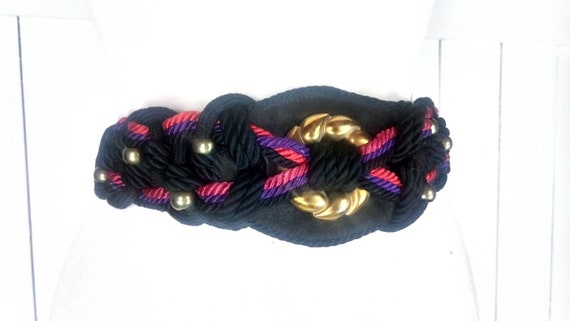 80s vintage black braided rope chord beaded stret… - image 3