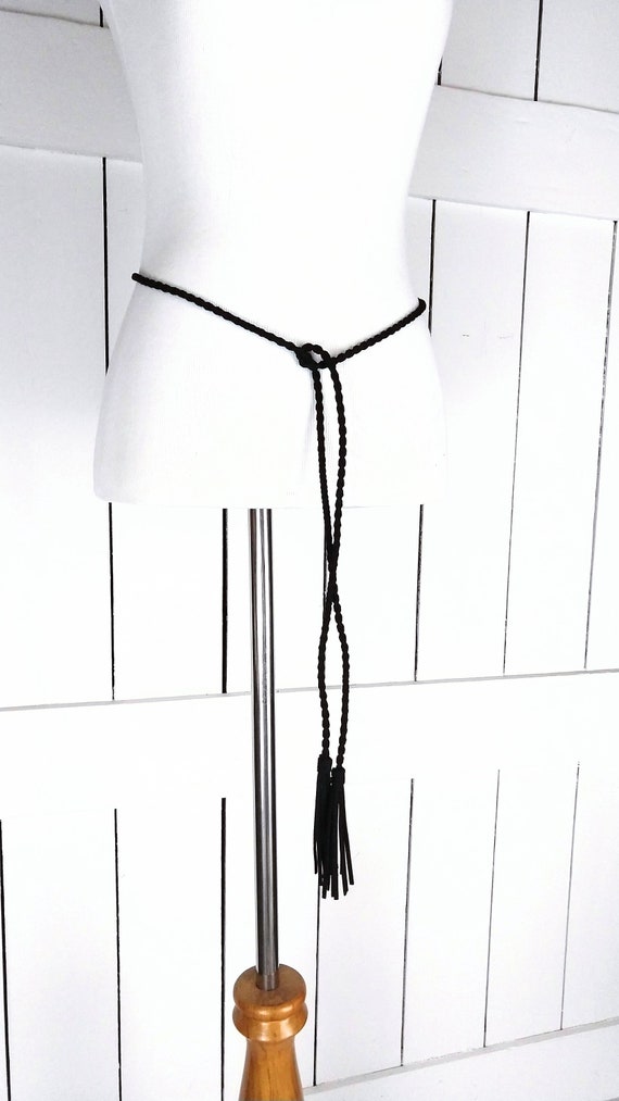 Black Braided Faux Suede Rope Chord Fringe Tassel Tie Belt  display picture 1