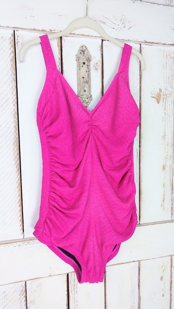 80s Vintage Gabar Bright Pink Ruched One Piece Swimsuit Etsy