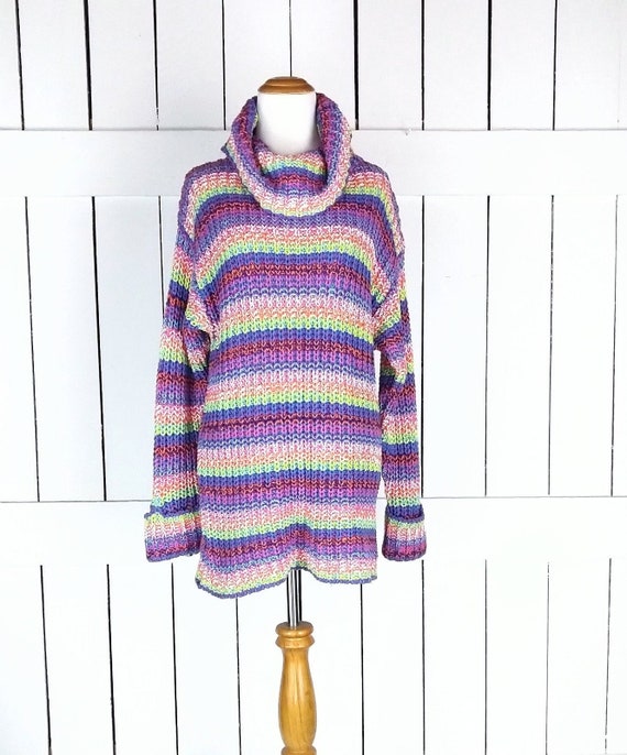 Chunky striped knit slouchy pullover turtleneck s… - image 1