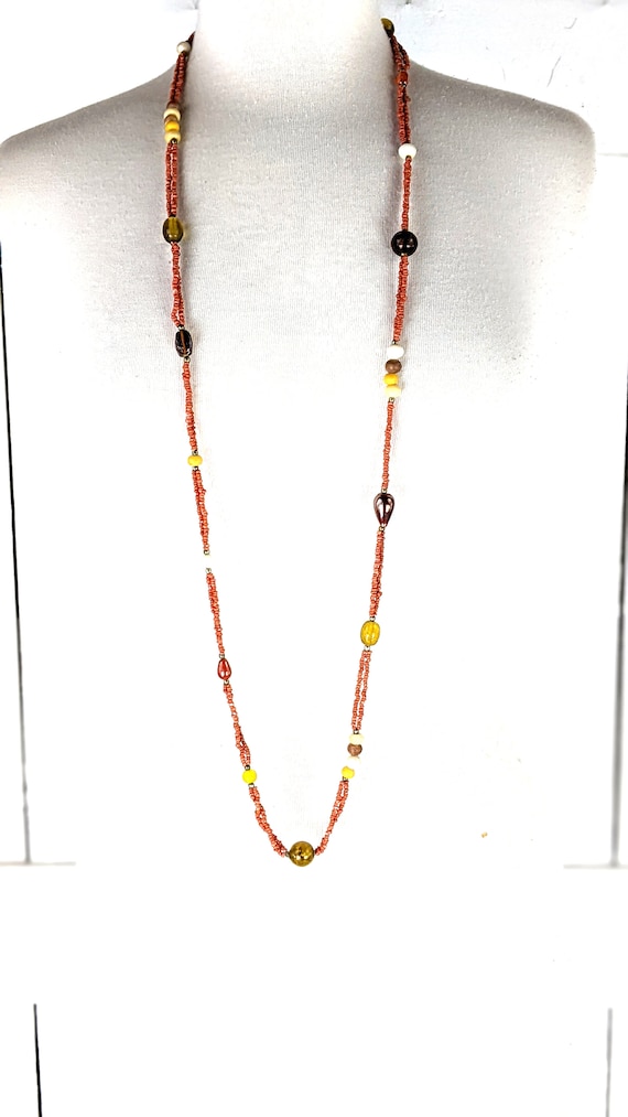 Orange glass  beaded long strand boho chain neckl… - image 2