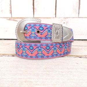 Southwestern pink/blue  woven cloth tribal belt/vintage western belt/statement festival boho hippie belt
