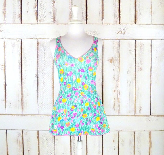 60's vintage bright floral one piece skirted swims
