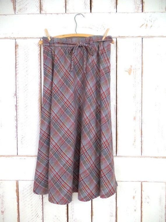 70s vintage brown grey plaid wool midi skirt - image 1