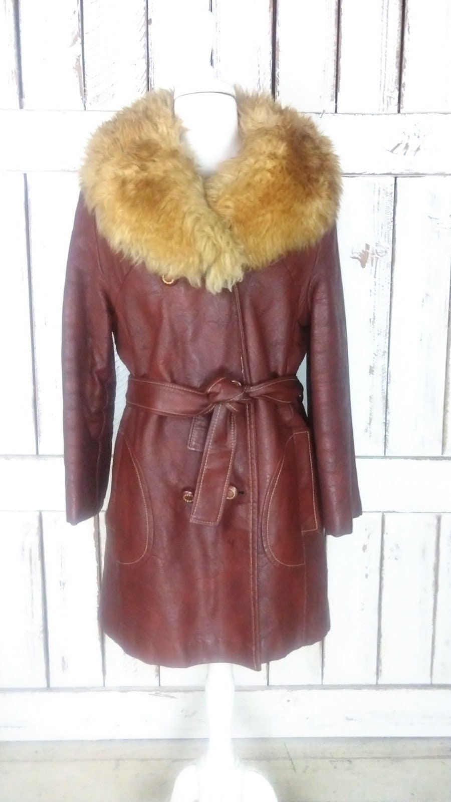 70s Vintage Brown Faux Leather Belted Sheepskin Fur Collar