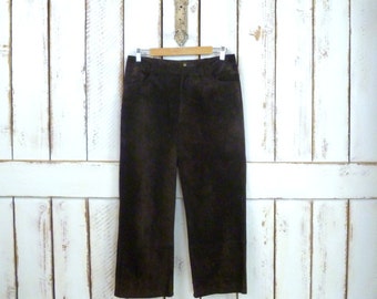 Vintage dark brown suede leather high waisted pants/high water pants/Chicos 1/waist 30"