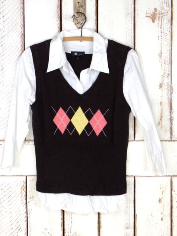 90s brown argyle knit sweater vest shirt - image 4