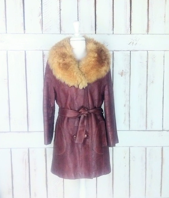 70s vintage brown faux leather belted sheepskin f… - image 1